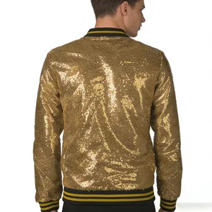 Back view of men's shiny gold sequin bomber jacket with striped rib-knit trim