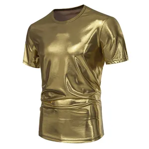 Close-up of men's metallic gold shiny T-shirt with a stylish crew neck