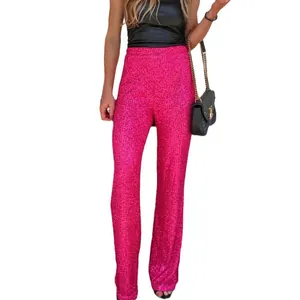 Detailed front view of high-waisted hot pink sequin straight-leg pants for women