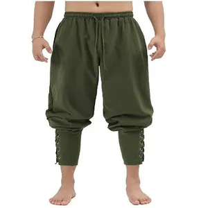 Detailansicht der olivgrünen mittelalterlichen Wikingerhose aus Baumwollleinen mit Schnürung
