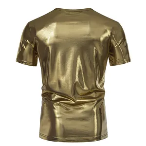 Back view of a men's metallic gold shiny short sleeve T-shirt for stage and party events