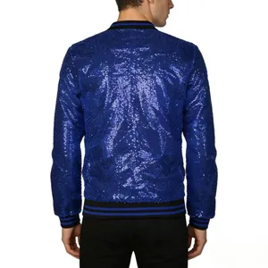Detailed rear view of a premium men's shiny blue sequin bomber jacket with striped trim