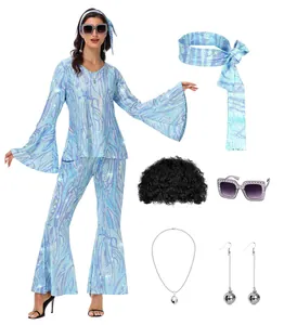 Set completo 7 pezzi costume disco anni '70 da donna con abito blu e accessori