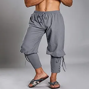 Graue mittelalterliche Wikinger-Piratenhose für Herren mit Schnürung am Knöchel aus Leinenstoff
