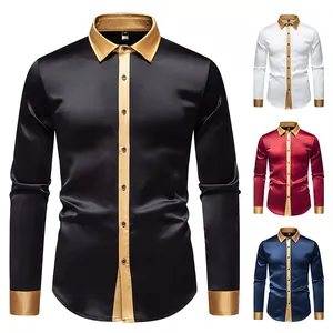 Camisa de satén sedoso para hombre de manga larga con ribetes dorados en contraste