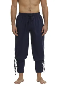 Marineblaue Männer Mittelalter Wikinger Hose aus Baumwolle mit Knöchelschnürung