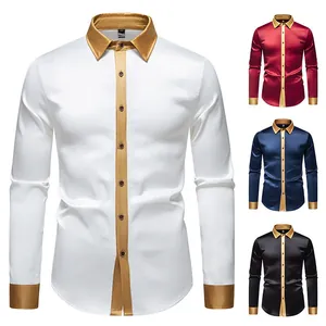 Camisa de satén de manga larga para hombre con cuello y puños en contraste dorado premium