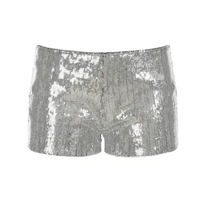 Sparkling silver sequin low waist slim fit booty shorts for women party and club wear
