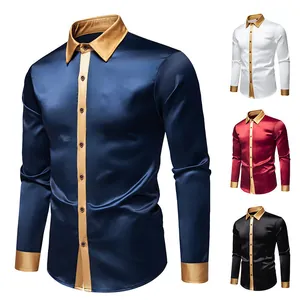Elegante camisa de satén sedoso para hombre con cuello y puños dorados en contraste