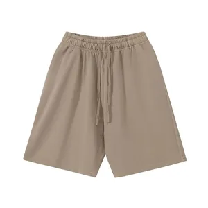 Minimalist khaki cotton vintage wash loose fit shorts for men with elastic drawstring waist
