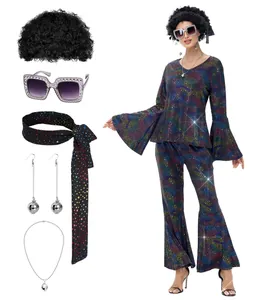 Set completo costume disco anni '70 per donna con parrucca, occhiali e gioielli da festa