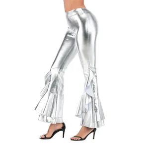 Pantalon évasé argenté métallisé à taille haute et volants pour soirée sexy