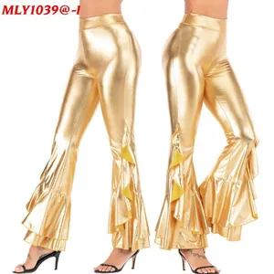 Pantalon évasé métallisé doré brillant pour femme avec volants et taille haute