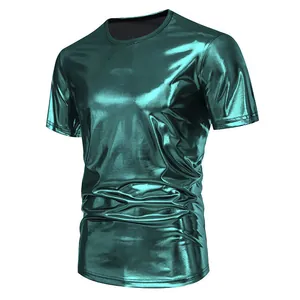 Men's metallic teal short-sleeved T-shirt featuring a shiny finish and round neck design.
