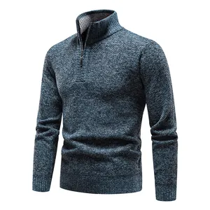 Close-up of men's winter warm fleece-lined knit sweater with 1/4 zip stand collar design