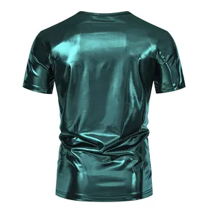 Detailed back view of a men's shiny teal metallic round neck party stage T-shirt