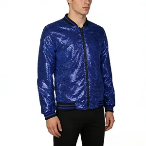 Men's fashion blue sequin bomber jacket featuring striped ribbing and stand collar