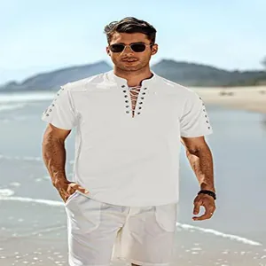 Herren Strandhemd in Weiß mit Schnürung und V-Ausschnitt für den Sommerurlaub am Meer