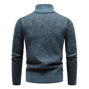 Back view of a thick blue textured men's wool cardigan featuring a stand collar design