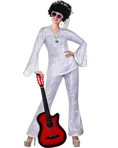 Costume da festa anni '70 per donna con top di paillettes argento e pantaloni a zampa