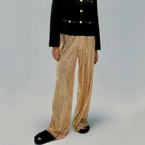 Women's gold sequined straight-leg trousers, elegant fashion party wear