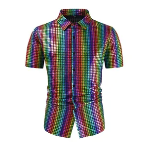 Close-up of vibrant rainbow metallic grid pattern on a men's button-down shirt