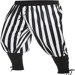Detailansicht der gestreiften mittelalterlichen Wikinger-Piratenhose für Herren mit Schnürung.