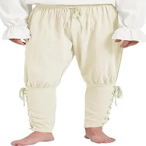 Detailansicht beige mittelalterliche Wikinger Piratenhose mit Schnürung an den Beinen
