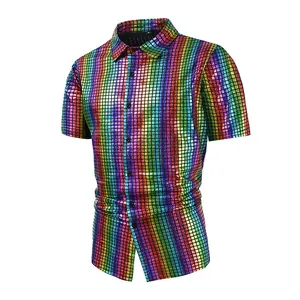 Detailed shot of a vibrant rainbow sequined grid pattern on a men's button-up shirt