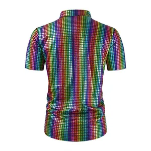 Back view detail of men's colorful shiny sequin short sleeve shirt for party