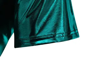 Close-up of metallic green short sleeve hem showing high-quality double stitching detail