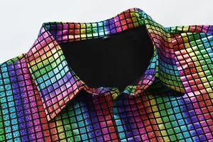 Close-up detail of rainbow metallic sequin grid pattern on men's lapel shirt collar.