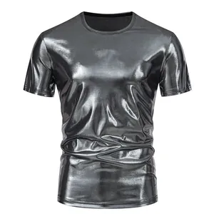 Men's shiny metallic silver short sleeve crew neck T-shirt for stage and party events