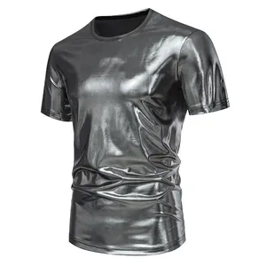 Detailed view of metallic silver shiny short-sleeved T-shirt for stage and party