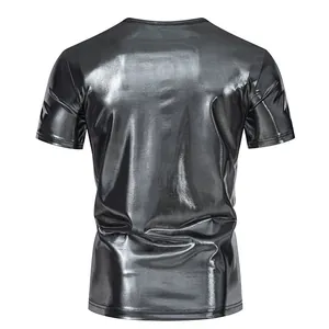 Macro view of the shiny metallic fabric on the back of this men's party T-shirt.
