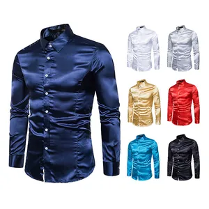 Camisa casual de satén brillante para hombre con cuello de solapa y en varios colores