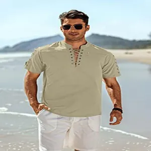 Khakifarbenes Herren-Strandhemd mit Schnürung, Kurzarm und Hippie-V-Ausschnitt-Design