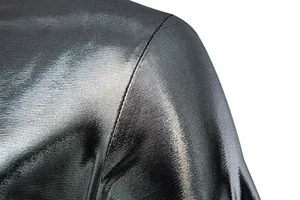Close-up showing the metallic shiny fabric texture and shoulder seam of the men's party T-shirt.