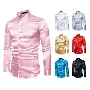 Camisa de satén brillante para hombre de manga larga slim fit disponible en variados colores