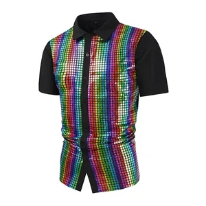 Detail of men's short sleeve shirt featuring colorful metallic rainbow sequins