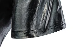 Detailed close-up showing the precise double stitching on metallic shiny black T-shirt sleeve cuff