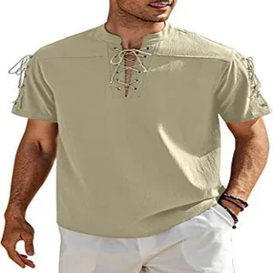 Khaki Herren-Piratenhemd mit kurzen Ärmeln, Schnürung am V-Ausschnitt und Ärmeldetails
