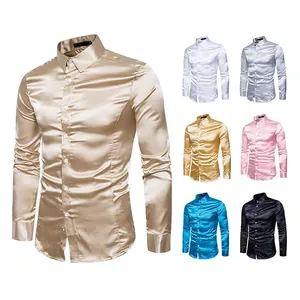 Camisa de hombre de satén brillante, manga larga, varios colores para uso formal