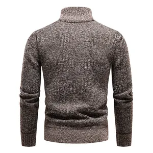 Detailed back view of a men's thick brown textured knit cardigan with stand collar