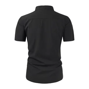 Back view of black short sleeve dress shirt with a glossy finish and classic collar