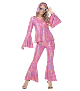 Vista completa del costume disco anni '70 rosa metallizzato con pantaloni a zampa da donna