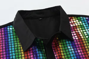 Close-up detail of the collar and rainbow sequin texture on this men's disco party shirt.