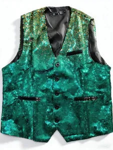 Close-up detail of green and gold gradient sequins on men's stage performance vest
