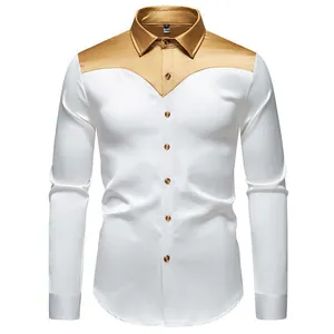 Dettaglio camicia in raso da uomo con inserto dorato e bottoni a contrasto elegante