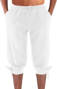 Detaillierte Ansicht der weißen Wikingerhose aus Baumwollleinen mit Kordelzug und Bändern.